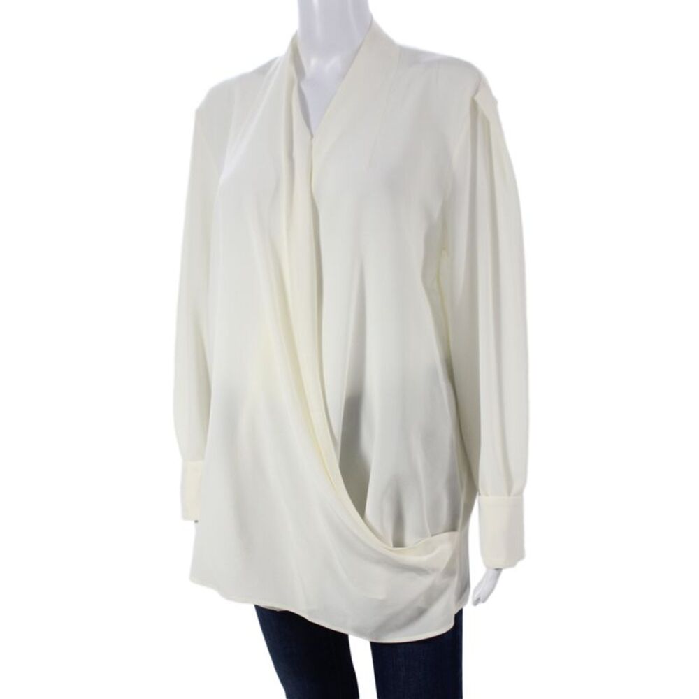 Etro Women V-Neck Silk Tunic Blouse Ivory Long Sleeve Size 50 - Picture 2 of 6